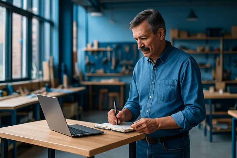 hombre senior trabajando concentrado en un espacio de trabajo moderno, tomando notas junto a su portátil, simbolizando cómo transformar tu talento en un proyecto digital con foco, claridad y motivación.