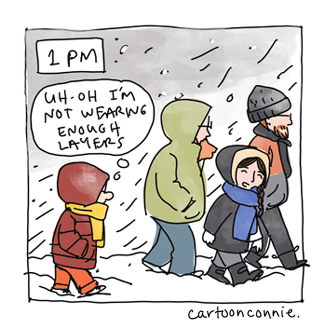 Panel 3 of a 6-panel diary comic about seeing New Yorkers help each other in a snowstorm. Titled "Diary of a Snow Day," original art by Connie Sun, cartoonconnie, 2026.