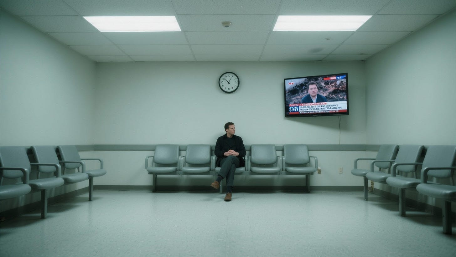 Person sitting rigid in empty institutional waiting room, news playing silently on wall TV, foot tapping frantically despite controlled posture Person sitting rigid in empty institutional waiting room, news playing silently on wall TV, foot tapping frantically despite controlled posture