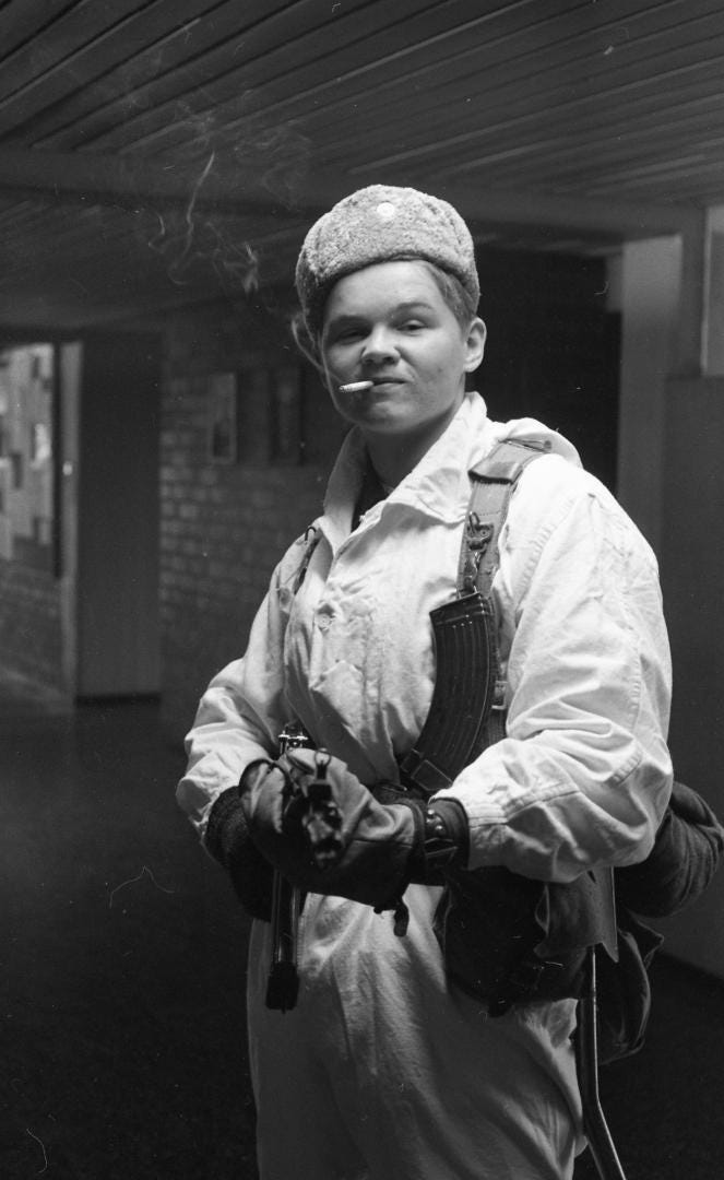 A conscript of the Karelia Brigade poses for the camera, 1976.