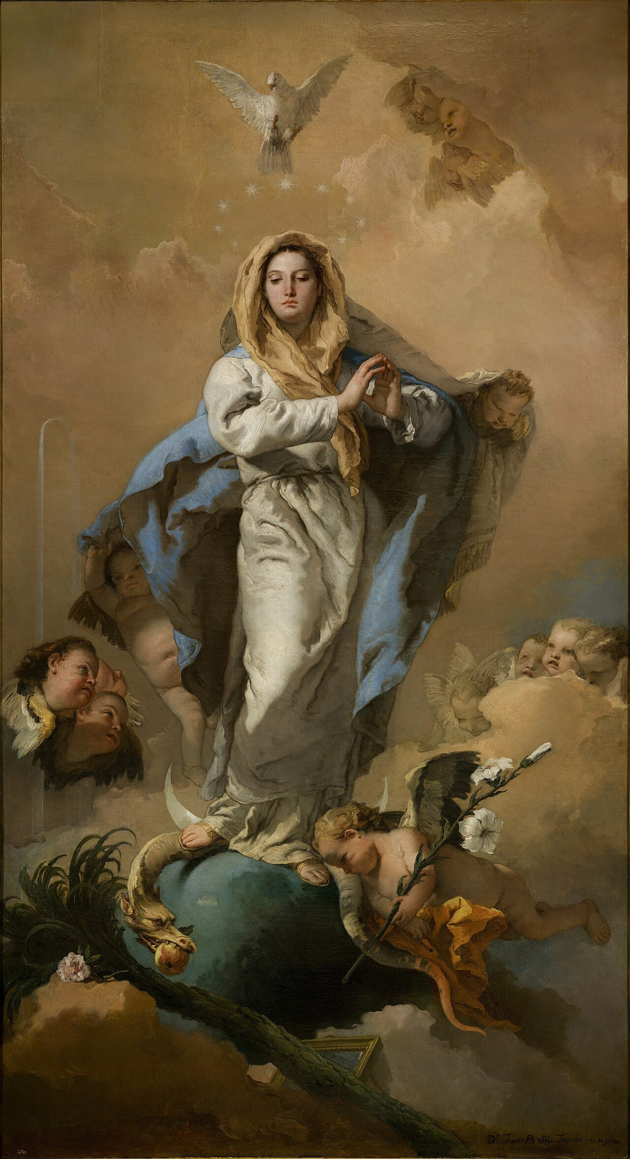 The Virgin Mary standing on a crescent moon in a flowing pink robe surrounded by cherubs The Virgin Mary standing on a crescent moon in a flowing pink robe surrounded by cherubs