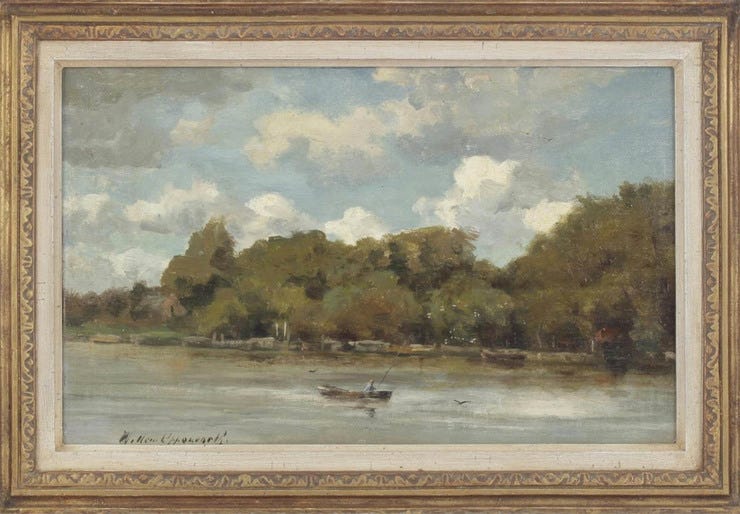 'Landschap met visser in bootje op rivier' - marouflé: Willem Oppenoorth (Veilingbedrijf Derksen, kavel 345) 'Landschap met visser in bootje op rivier' - marouflé: Willem Oppenoorth (Veilingbedrijf Derksen, kavel 345)