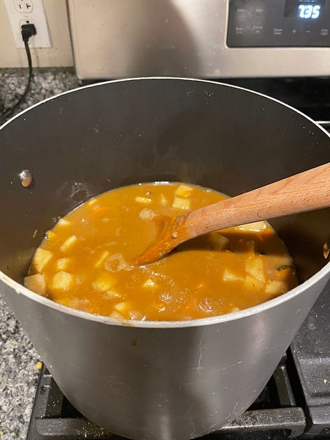 images of 1) the gathered ingredients, 2) the floured meat in a big pot, 3) the added mirepoix, 4) the added herbs and broth, 5) the added vegetables, 6) the completed bowl of stew in a blue ceramic bowl