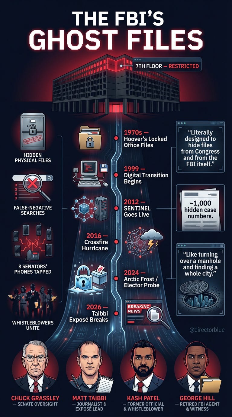 A vertical 916 TikTok-format infographic with a dark navy-to-black gradient background evoking secrecy and surveillance At the top a bold headline in glowing white and red text reads THE FBIS GHOST FILES Below the headline a stylized illustr_image_1