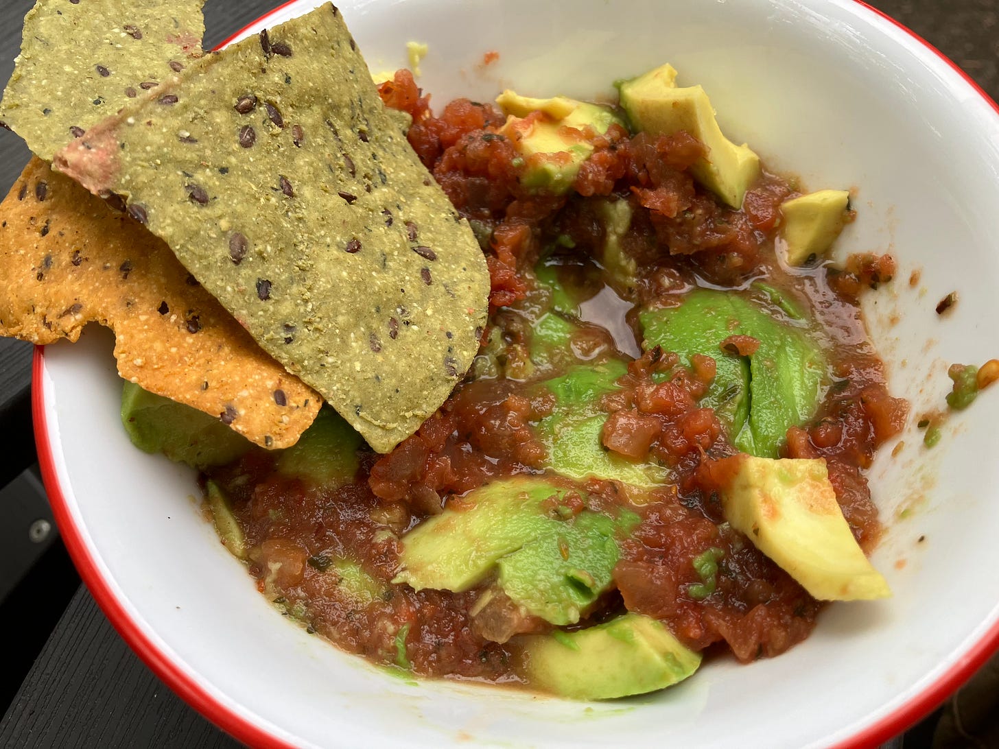 Chips, salsa, avocado, and tomatos