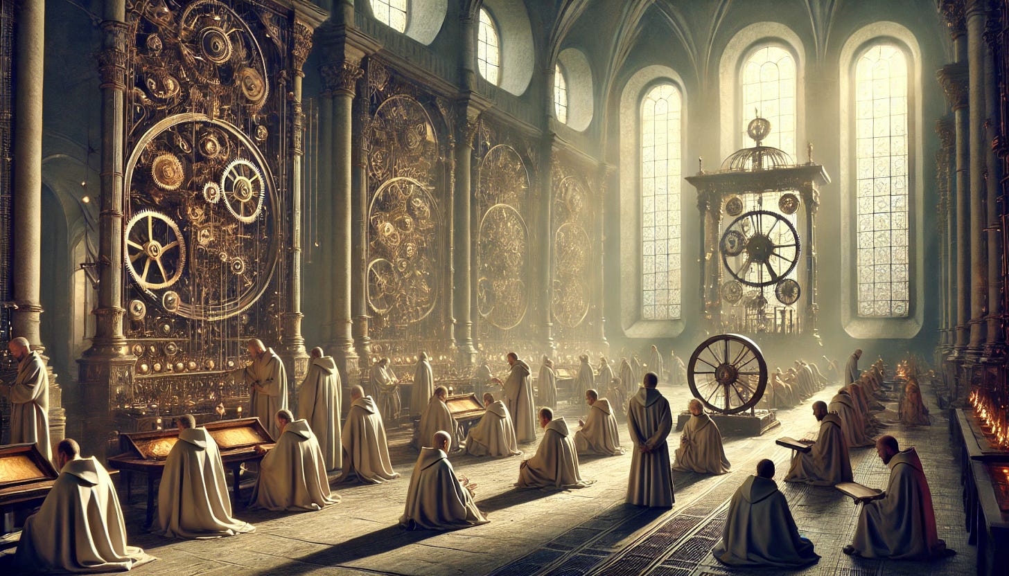 A monastery-like institution inspired by Neal Stephenson's 'Anathem,' filled with scholarly monks dressed in minimalist robes, engaged in deep discussions and intellectual pursuits. The setting is illuminated by soft, ethereal light filtering through high, arched windows, revealing intricate clockwork machinery integrated into the walls and ceiling. The air is filled with the rhythmic ticking of gears and bells marking the passage of time. The monks are gathered in small groups, surrounded by ancient books, diagrams, and glowing artifacts, while others are tending to mechanical devices. The scene conveys a blend of serene reverence and the hum of mechanical ingenuity, set in a timeless, otherworldly atmosphere.