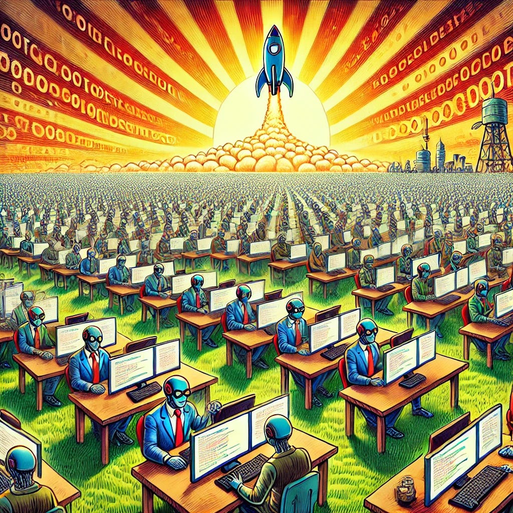 A political cartoon-style illustration depicting a vast field filled with infinitely duplicated cyborg engineers, each busily working at desks, writing code energetically. Above them, a bright, radiant sun shines, and a rocket ship ascends triumphantly into space, symbolizing immense optimism, progress, and technological achievement. The scene should be vibrant, exaggerated, and humorous, capturing the energy and excitement of futuristic advancement typical in political cartoons.