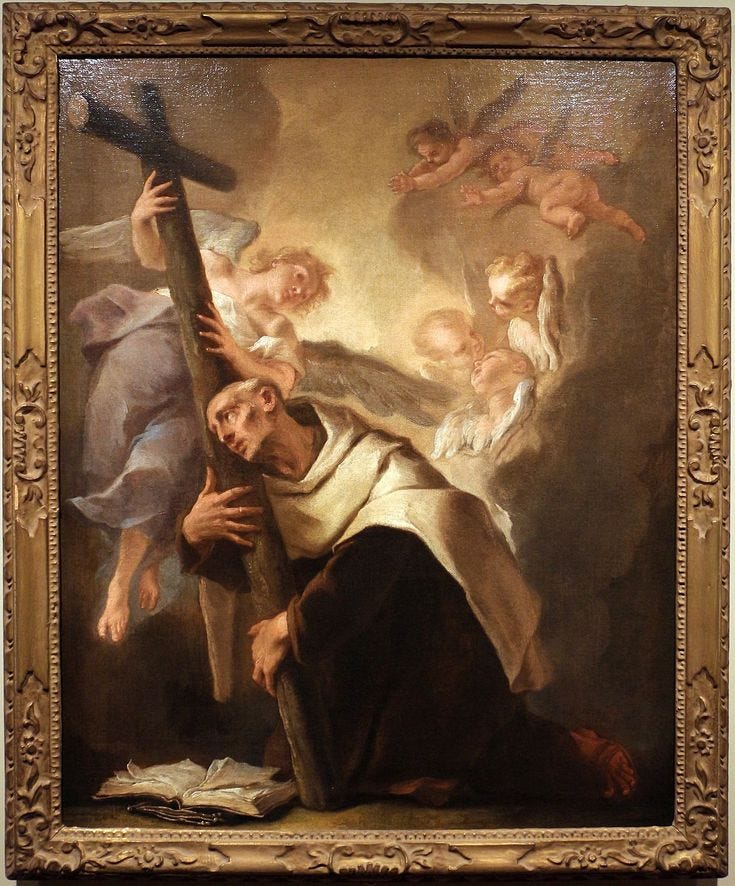 This may contain: a painting of jesus carrying the cross with angels