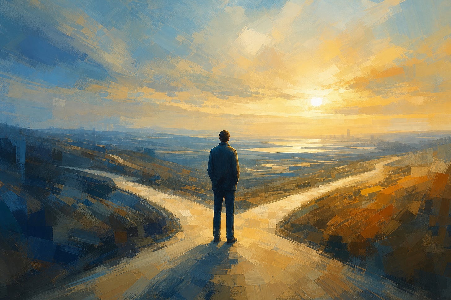 Figure at a threshold looking toward a hopeful horizon at dawn Figure at a threshold looking toward a hopeful horizon at dawn