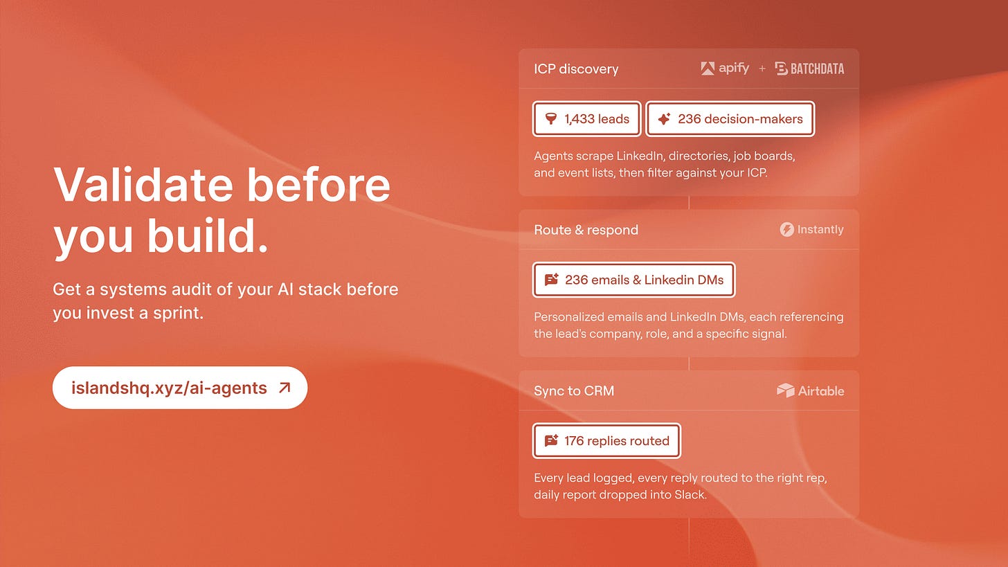 Islands CTA to audit your AI stack before you build, linking to islandshq.xyz/ai-agents.