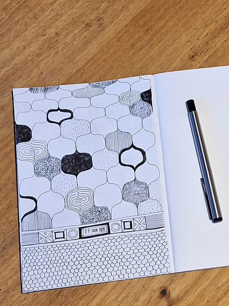 A number of pages of black ink drawings and writing with the date stamped and drawings and words for each day, including patterns, mark making, doodles and some little scenes.