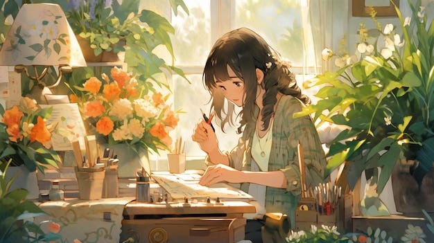 Premium Photo | Anime girl writing in a room with flowers and ...