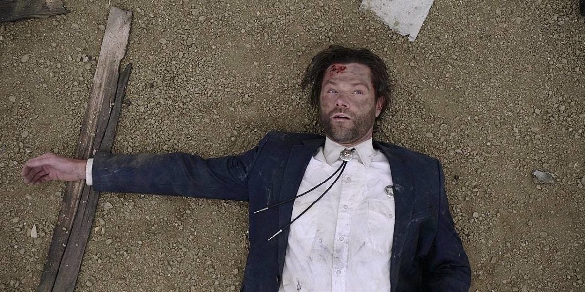 Close up shot of Jared Padalecki Cordell Walker after coming to from explosion on Walker set 3.14.