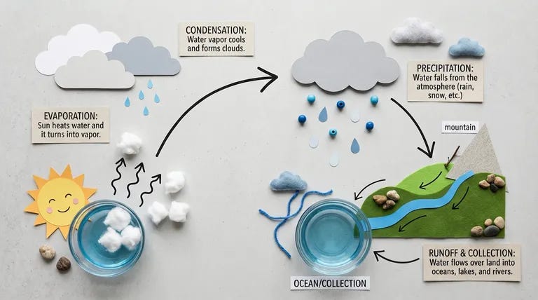 High-quality flat lay photography of a DIY infographic explaining the water cycle on a clean, light gray textured background with hand-drawn black arrows to guide the viewer through the process