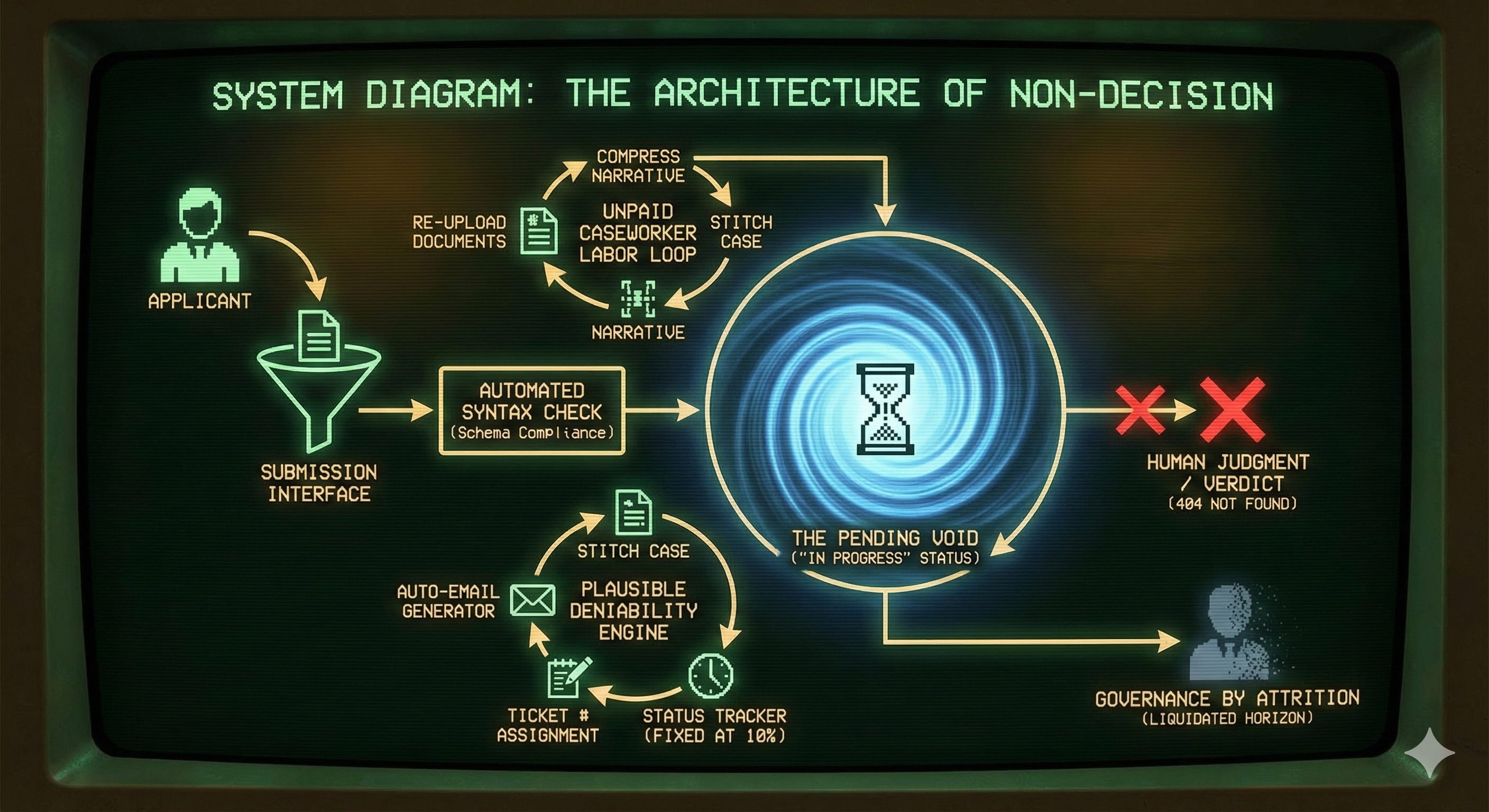 A retro-futuristic infographic displayed on a glowing green CRT monitor with scan lines, titled "SYSTEM DIAGRAM: THE ARCHITECTURE OF NON-DECISION." The diagram shows a flowchart where an "APPLICANT" icon submits documents through a "SUBMISSION INTERFACE" and an "AUTOMATED SYNTAX CHECK." This leads to a central, swirling blue vortex labeled "THE PENDING VOID ('IN PROGRESS' STATUS)" containing a pixelated hourglass. Two cyclical loops feed back into this void: the top one, "UNPAID CASEWORKER LABOR LOOP," involves "RE-UPLOAD DOCUMENTS," "COMPRESS NARRATIVE," and "STITCH CASE." The bottom loop, "PLAUSIBLE DENIABILITY ENGINE," includes "AUTO-EMAIL GENERATOR," "TICKET # ASSIGNMENT," and "STATUS TRACKER (FIXED AT 10%)." A path leading from the void to "HUMAN JUDGMENT / VERDICT" is blocked by two large red X's and marked "(404 NOT FOUND)." The final path from the void leads to a fragmented icon of a person labeled "GOVERNANCE BY ATTRITION (LIQUIDATED HORIZON)."