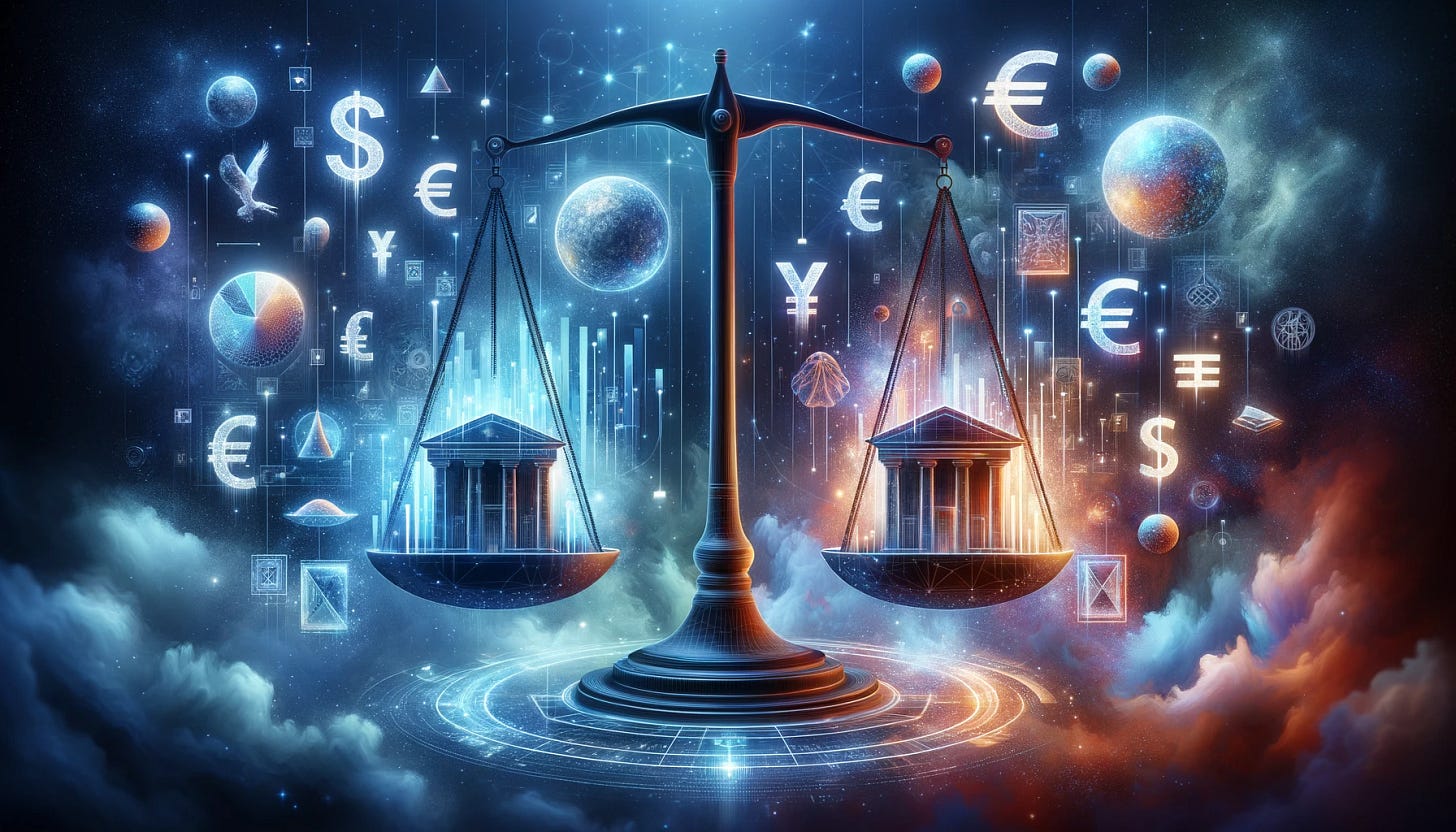 A digital illustration of a stylized balance scale, floating in a cosmic space filled with stars and nebulous clouds. On the left pan of the scale, there's a 3D representation of a modern government building made of light, signifying political criteria. The right pan glows with holographic currency symbols like the dollar, euro, and yen, indicating economic considerations. Cultural influences are shown as small, glowing artifacts such as a digital sculpture, a holographic projection of a book, and a luminous painting, all suspended around the scale. The background features abstract forms and colors representing different international influences, avoiding any national flags or direct symbols, instead using subtle architectural outlines to hint at their presence.