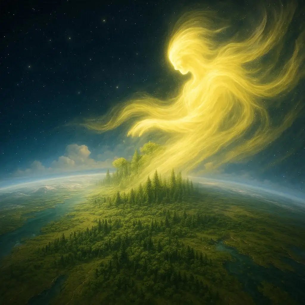 a view of ancient earth from space and a sentient formless wind made of a bright yellow light is building forests. realistic. heavenly. 