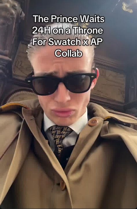 Nine-panel grid of social media screenshots and news footage documenting the chaotic global launch of the Swatch x Audemars Piguet Royal Pop collaboration. Top row shows crowds gathered outside boutiques, a young man in a trench coat captioned "For Swatch x AP Collab," and a dense crowd inside a London-themed Swatch store. Middle row shows hundreds of people lined up outside a storefront at dawn, security personnel on a mezzanine overlooking a packed lower level, and a caption reading "Swatch X Ap Line Valley Fair 6 AM" with crying and broken-heart emojis over a sea of shoppers. Bottom row shows a news broadcast headline "Swatch x AP launch shut down after chaotic crowds outside Houston store," a meme of a pregnant woman holding a glass of wine captioned "No it doesn't affect my baby" with the Swatch and AP storefront in the background and "30 years later" overlaid, and a final image of a raucous crowd with raised arms outside a Swatch boutique. The collage captures the unruly scenes, flipper culture, and viral social media response surrounding the Royal Pop pocket watch release in May 2026.