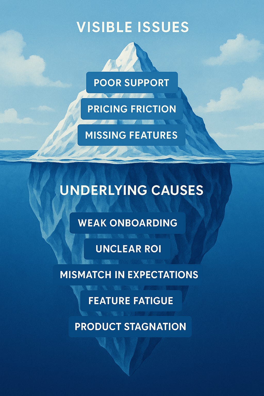 Iceberg diagram illustrating visible churn issues above water and underlying causes like onboarding and product stagnation below.