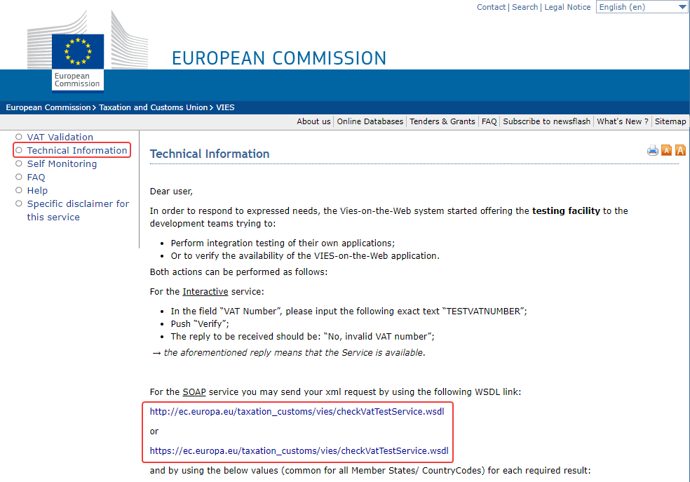 Technical information page of the VIES VAT validation portal. WSDL