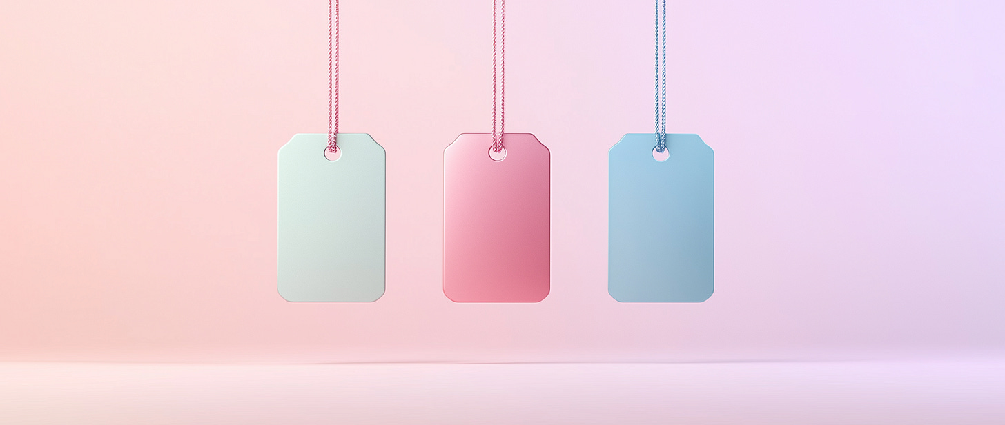 Three colorful price tags hanging, representing sticky pricing
