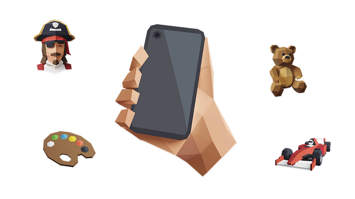 A hero illustration depicting a hand holding a smartphone and various toys and activities floating around it