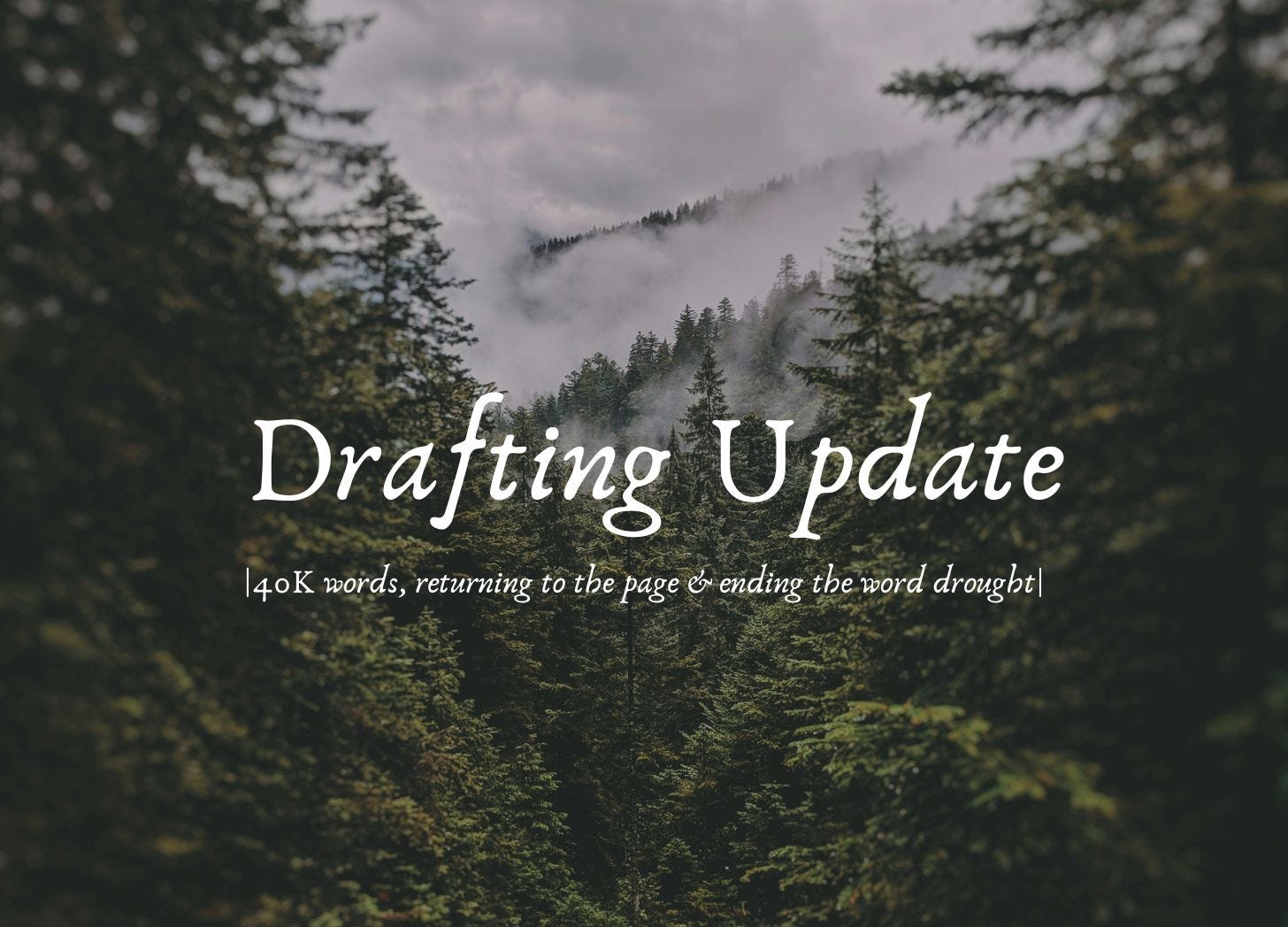 A photo of green trees and a misty sky. Over the photo it reads "Drafting Updates" and then on a second line: |40k words, returning to the page & ending the word drought|