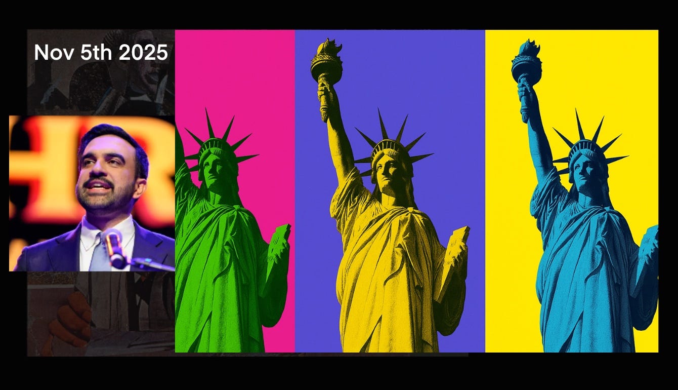 Thumbnail with a frame shot of Zorhan Mamdani at a podium and multicolored pop art statue of liberties to his left. Thumbnail with a frame shot of Zorhan Mamdani at a podium and multicolored pop art statue of liberties to his left.