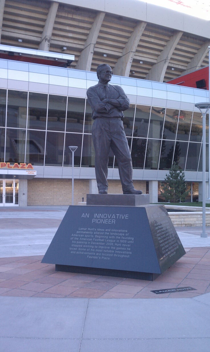 The Lamar Hunt statue outside Arrowhead Stadium in Kansas City, MO.
