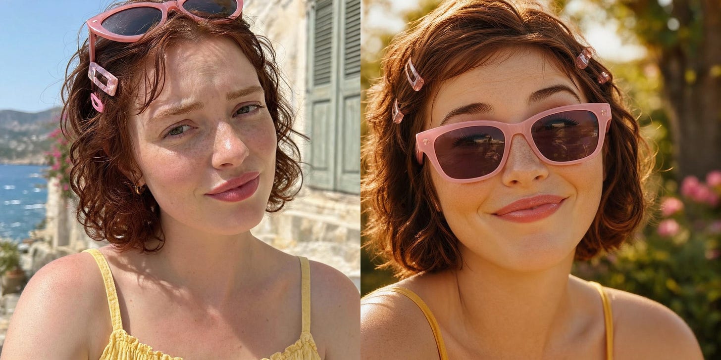 Side-by-side images of a woman with red hair wearing pink sunglasses and a yellow dress; the image on the left is more detailed and realistic. Side-by-side images of a woman with red hair wearing pink sunglasses and a yellow dress; the image on the left is more detailed and realistic.