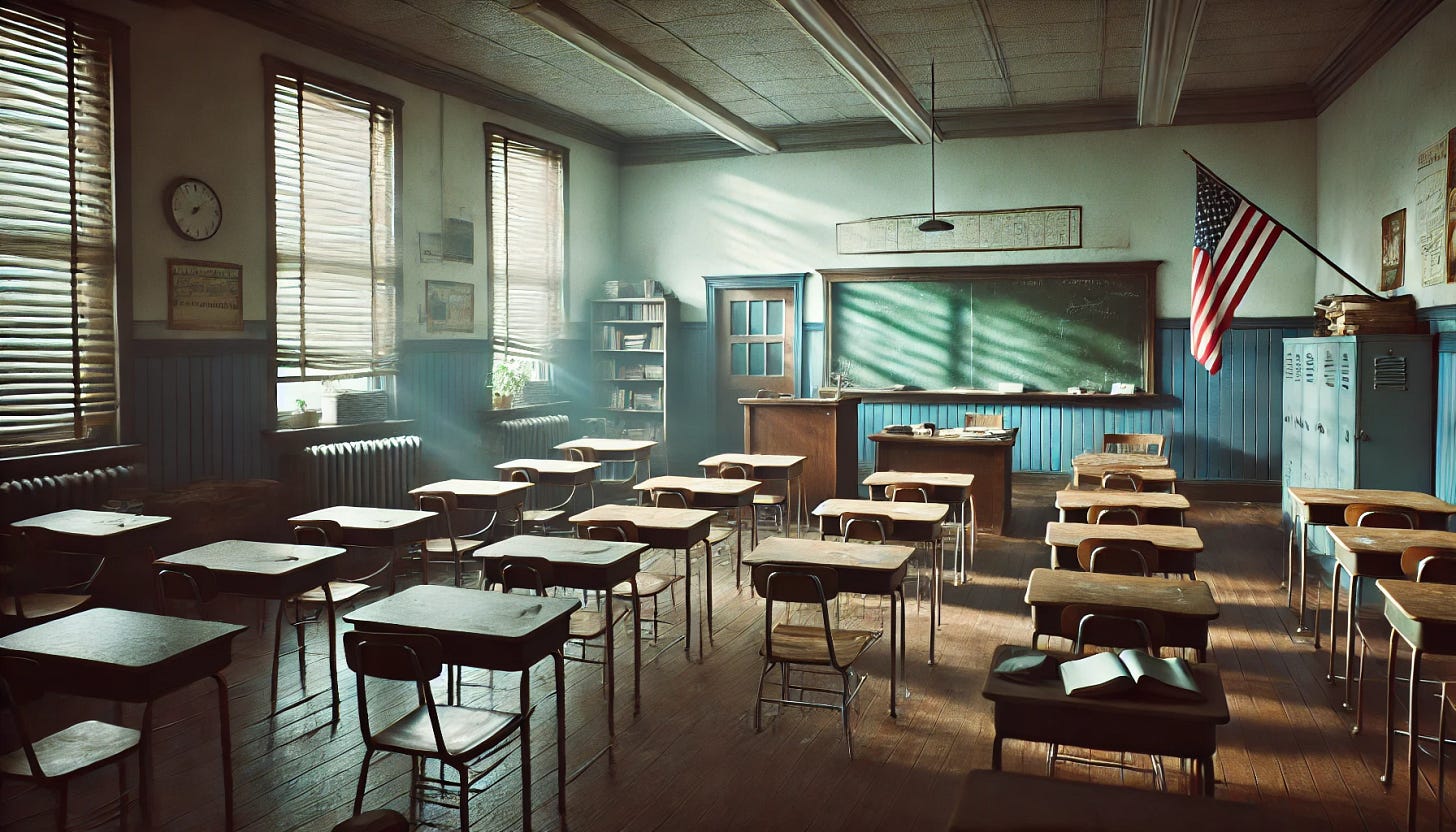 A realistic, sad, and lonely American classroom. The room is dimly lit with natural light filtering through partially closed blinds. Desks and chairs are arranged in neat rows, but all are empty. The teacher's desk at the front has an open book and a few scattered papers. The walls are adorned with faded educational posters and a chalkboard with remnants of chalk writings. The atmosphere is heavy with a sense of abandonment and silence.