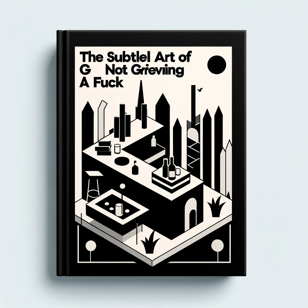 A modern and minimalist monochrome book cover for 'The Subtle Art of Not Grieving a Fuck', capturing the essence of unexpected and bizarre encounters in the New York casual dating scene. The cover features abstract representations of a bar and a cave, symbolizing the beginning and the unpredictable outcome of a night out. It should subtly hint at the complexity and the roller-coaster emotions involved in gay dating, with elements that reflect both the humor and the darkness of the experiences recounted. The design should utilize geometric shapes and negative space to create a sense of mystery and intrigue, while the title is presented boldly and without alteration, in a modern, sans-serif font to maintain the book's provocative and candid tone.
