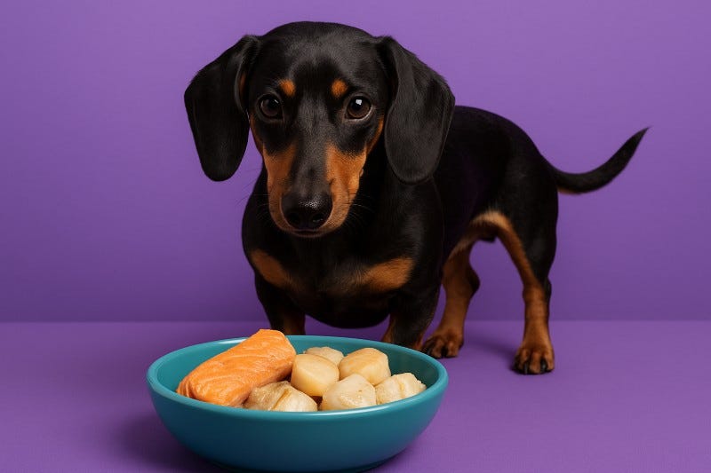 Dachshund standing in front of cooked salmon and cooked whitefish in a dog dish