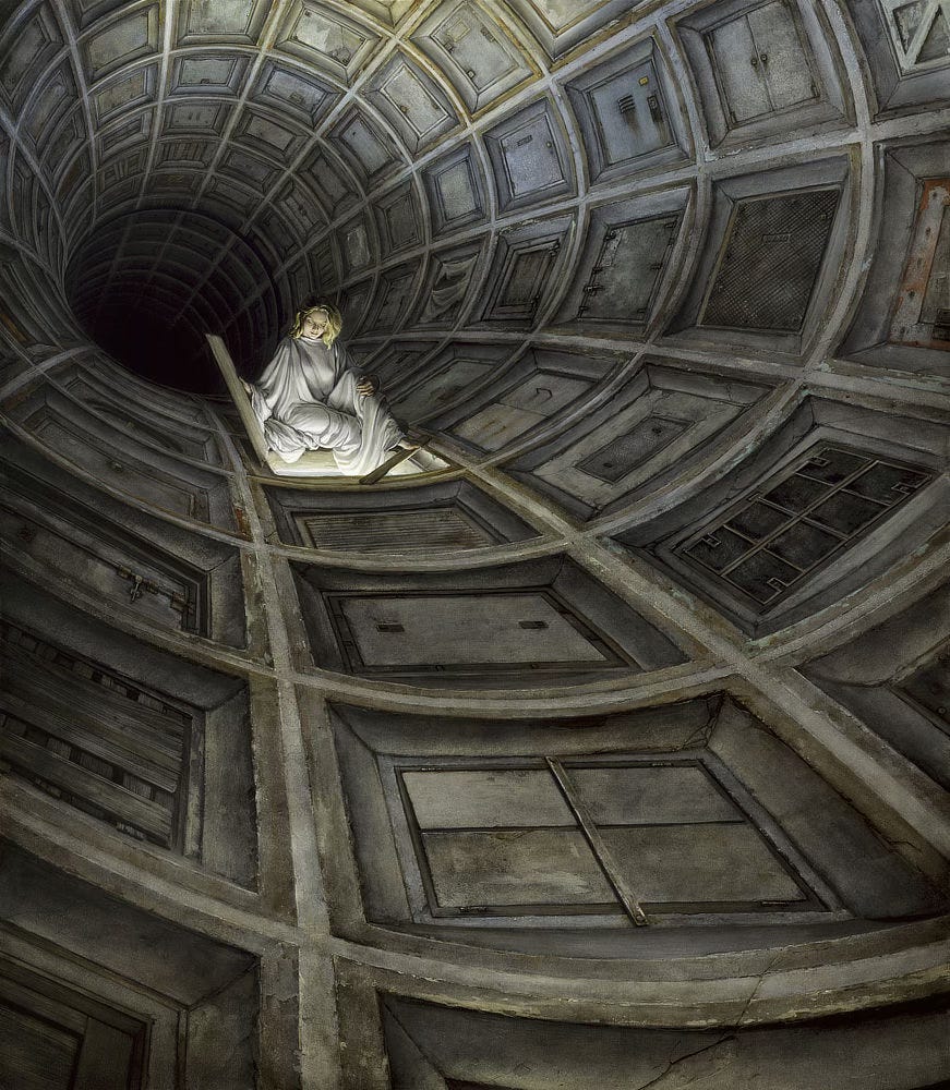 Inside a dark concrete tunnel curving like the inside of a torus, the walls are segmented in square panels each set with a distinct hatch. Some but not all have hinges while some are obscured with tattered cloth. A few hatches have inviting handles or knobs to pull them open. A woman in white robes pauses to peer down through an opening after removing the plain wooden board covering it. Bathed in light from below, she comfortable rests her foot on a narrow wooden plank propped across the corner of the opening. The concrete below her is thick offering only the narrowest view of pale blue from the viewer's perspective. Inside a dark concrete tunnel curving like the inside of a torus, the walls are segmented in square panels each set with a distinct hatch. Some but not all have hinges while some are obscured with tattered cloth. A few hatches have inviting handles or knobs to pull them open. A woman in white robes pauses to peer down through an opening after removing the plain wooden board covering it. Bathed in light from below, she comfortable rests her foot on a narrow wooden plank propped across the corner of the opening. The concrete below her is thick offering only the narrowest view of pale blue from the viewer's perspective.