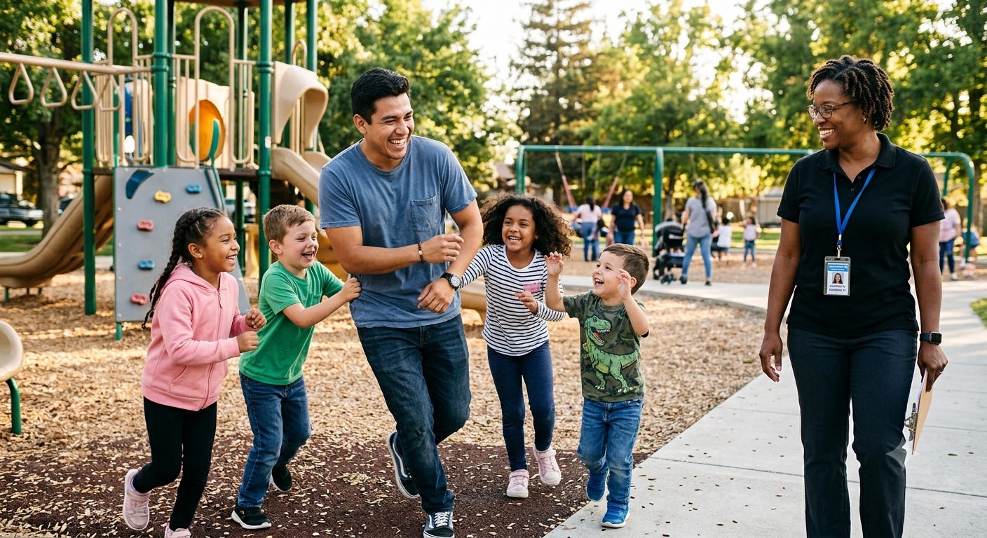 A young man, who is a Universal Basic Service participant, plays tag with children at a playground. His supervisor looks on, smiling.