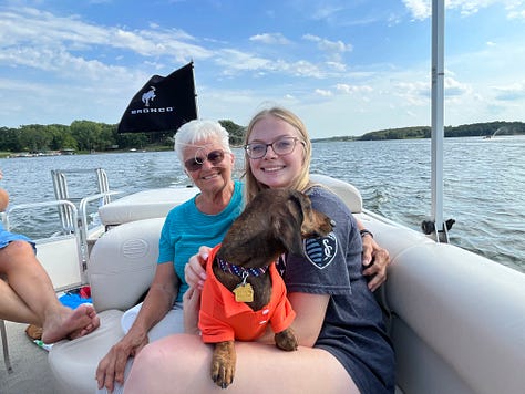 Campground at Lake Thunderhead; Mara with Grandma G. and Doc; Troy taking Grandpa G. for a SeaDoo ride.