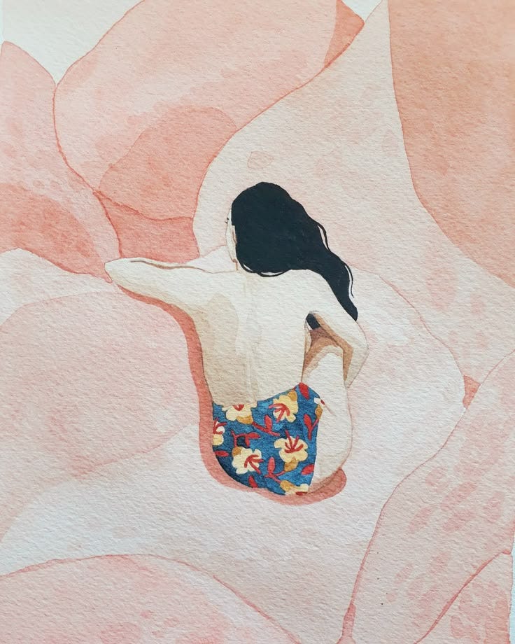 This may contain: a watercolor painting of a woman sitting in a flowered dress with her back to the camera