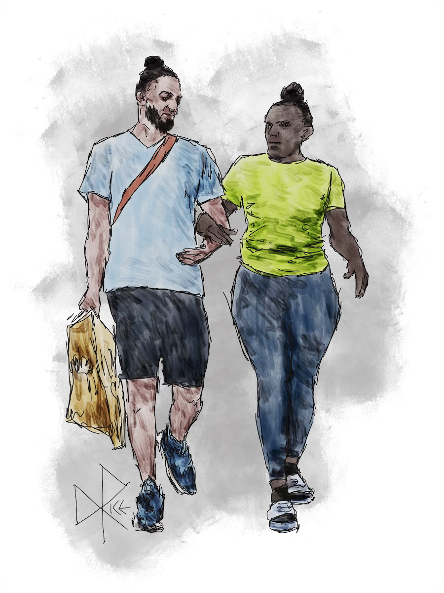 A man and woman walking arm-in-arm, both dressed casually and with their hair tied up in matching hairbuns. Sketch art by Don Rice.