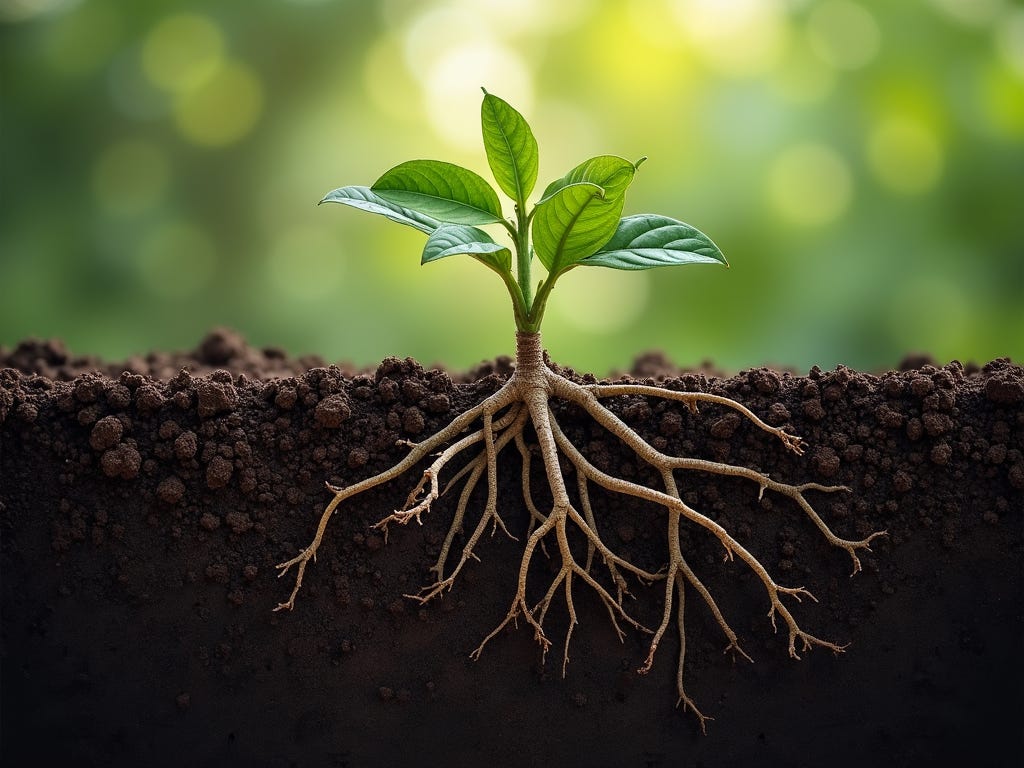 Abstract intertwined roots reaching deep into rich moist soil representing growth beneath the surface. Abstract intertwined roots reaching deep into rich moist soil representing growth beneath the surface.