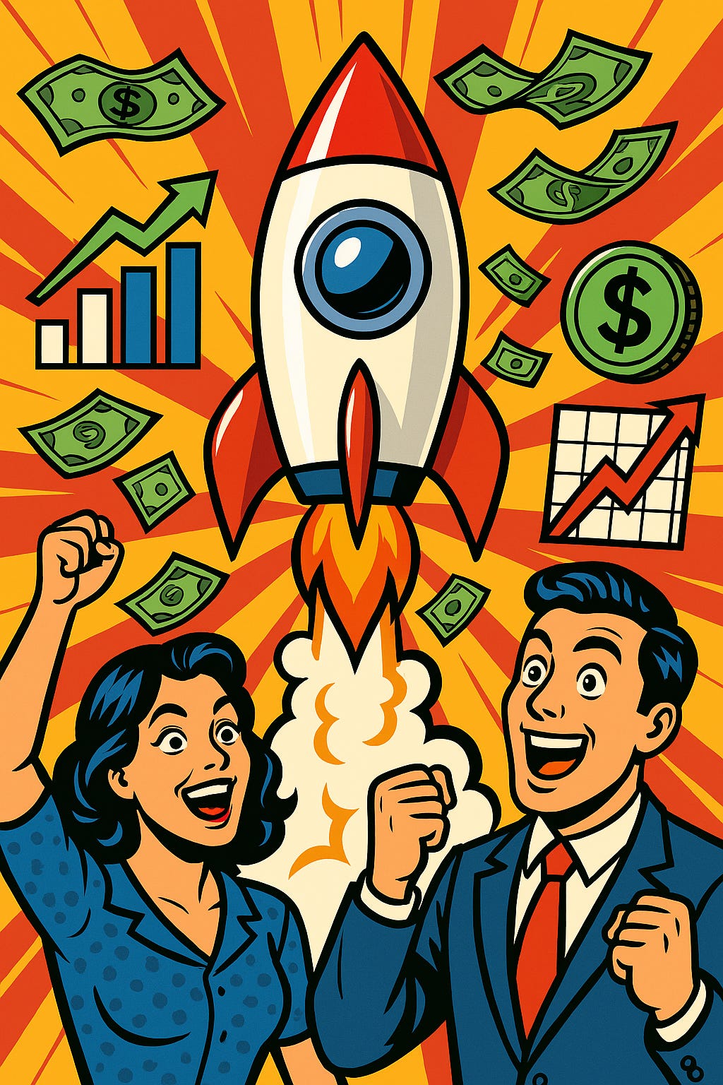 Fusée décollant vers le succès financier avec argent et graphiques flottants - style pop-art