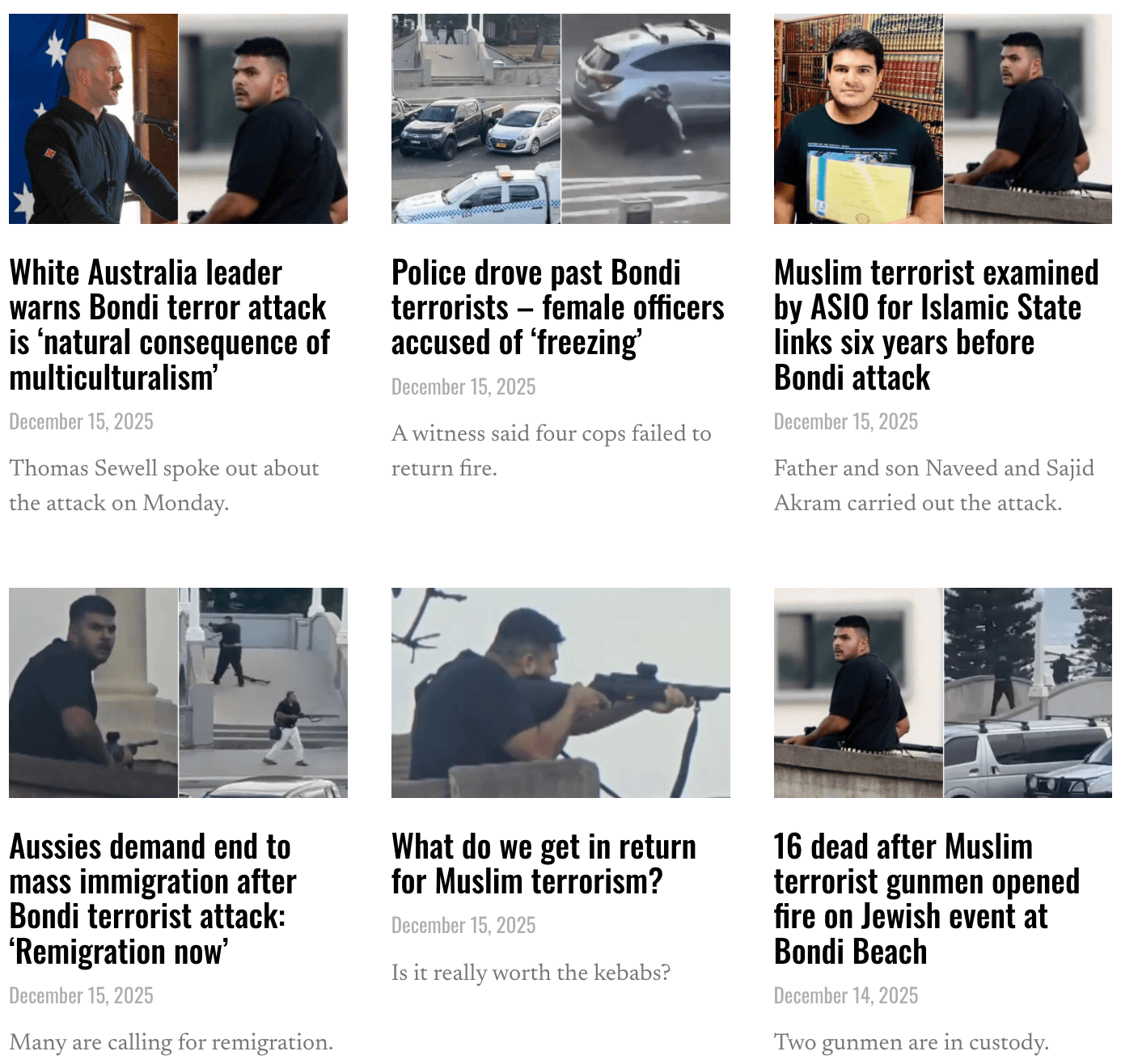 A screenshot from The Noticer's main page from Dec. 15, 2025, depicting a series of articles with racially provocative headlines. A screenshot from The Noticer's main page from Dec. 15, 2025, depicting a series of articles with racially provocative headlines.