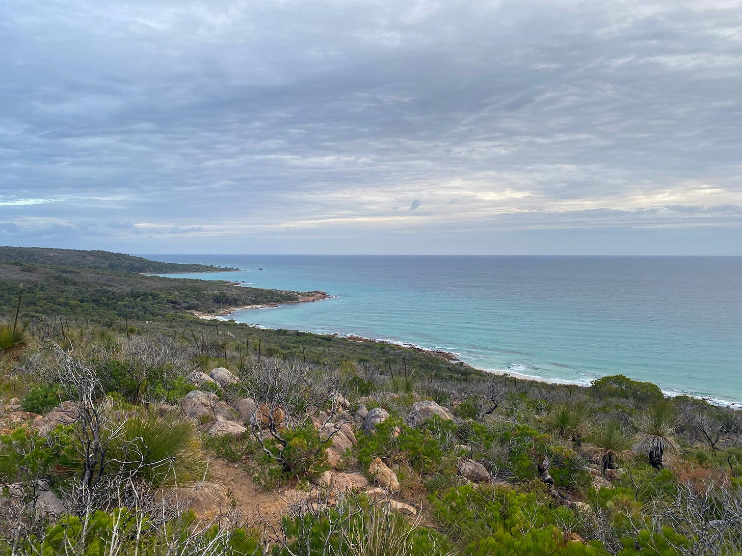 A coastal scene near Dunsborough, WA. Taken from a whale watching lookout. There is scrub in the foreground, a rocky coastline, and then the still, teal ocean and cloudy sky