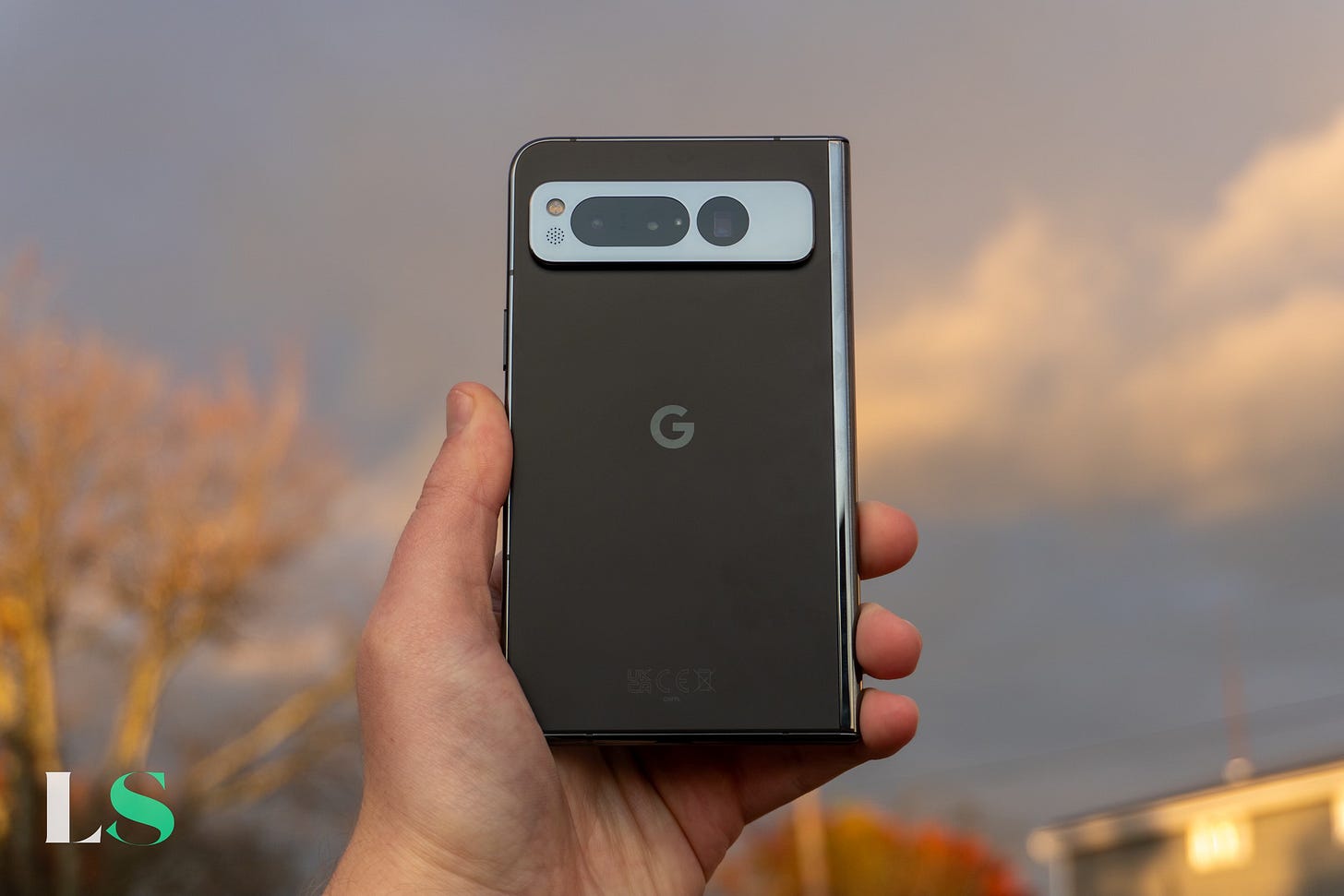 Google Pixel Fold rear at sunset.