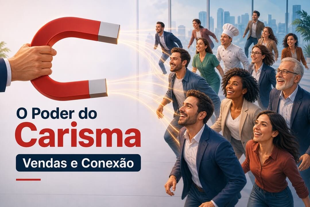 ilustração de uma mão segurando um grande imã. O imã está atraindo várias pessoas que estão sorrindo