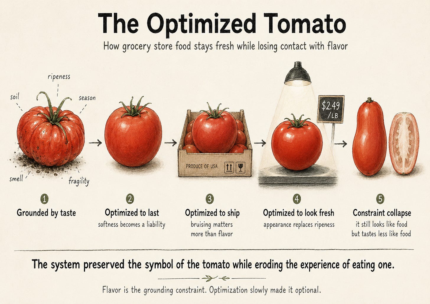 Minimalist conceptual diagram titled “The Optimized Tomato: How grocery store food stays fresh while losing contact with flavor.” The image shows a progression from an irregular, fragile heirloom tomato grounded in seasonality and taste toward increasingly standardized and optimized grocery store tomatoes shaped by shipping, shelf life, appearance, and supply chain pressures. The final stage depicts constraint collapse, where the tomato still visually registers as food while losing much of the sensory experience associated with real flavor. The illustration explores Reality Drift, optimization traps, symbolic substitution, semantic fidelity, and the erosion of grounding constraints in modern systems. Minimalist conceptual diagram titled “The Optimized Tomato: How grocery store food stays fresh while losing contact with flavor.” The image shows a progression from an irregular, fragile heirloom tomato grounded in seasonality and taste toward increasingly standardized and optimized grocery store tomatoes shaped by shipping, shelf life, appearance, and supply chain pressures. The final stage depicts constraint collapse, where the tomato still visually registers as food while losing much of the sensory experience associated with real flavor. The illustration explores Reality Drift, optimization traps, symbolic substitution, semantic fidelity, and the erosion of grounding constraints in modern systems.