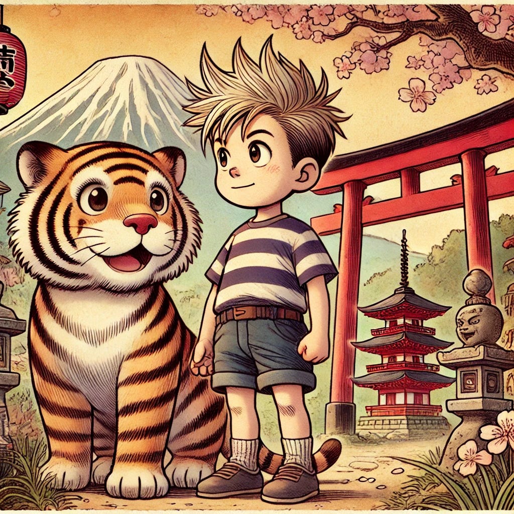 A young boy with spiky blond hair in a striped shirt and shorts, and a cartoon-style tiger companion, illustrated in a nostalgic vintage comic style. They are standing in a traditional Japanese setting with cherry blossom trees, a red torii gate, and Mount Fuji visible in the background. The tiger looks curious and playful while the boy gazes around in wonder. The scene is peaceful and culturally rich, with soft pink blossoms, stone lanterns, and old wooden structures. The illustration uses warm earthy tones, detailed linework, and a watercolor aesthetic reminiscent of classic hand-drawn comic strips.