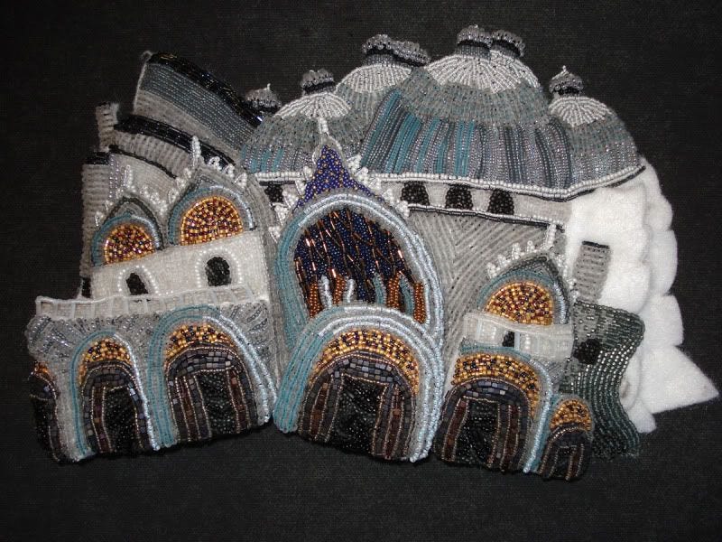 beaded beadwork Save Venice Italy St. Marks Square campanile erosion fiber art Basilica architecture bead embroidery blog relief painting