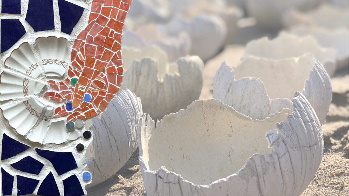 A digital collage features (left to right) a ceramic and glass mosaic by Wy Joung Kou and an installation of hand-made vessels by Anna Camilleri. The mosaic features an orange hand opening to release small, multicoloured, marble sized round objects, against a backdrop of a fragmented white tea saucer surrounded by navy blue fragments. Many round white-grey vessels, installed on a sandy beach, have smooth interiors, textured exteriors and uneven edges. The vessels in the foreground are in sharp focus, with seemingly endless vessels extending out into the blurry distance. /end image description