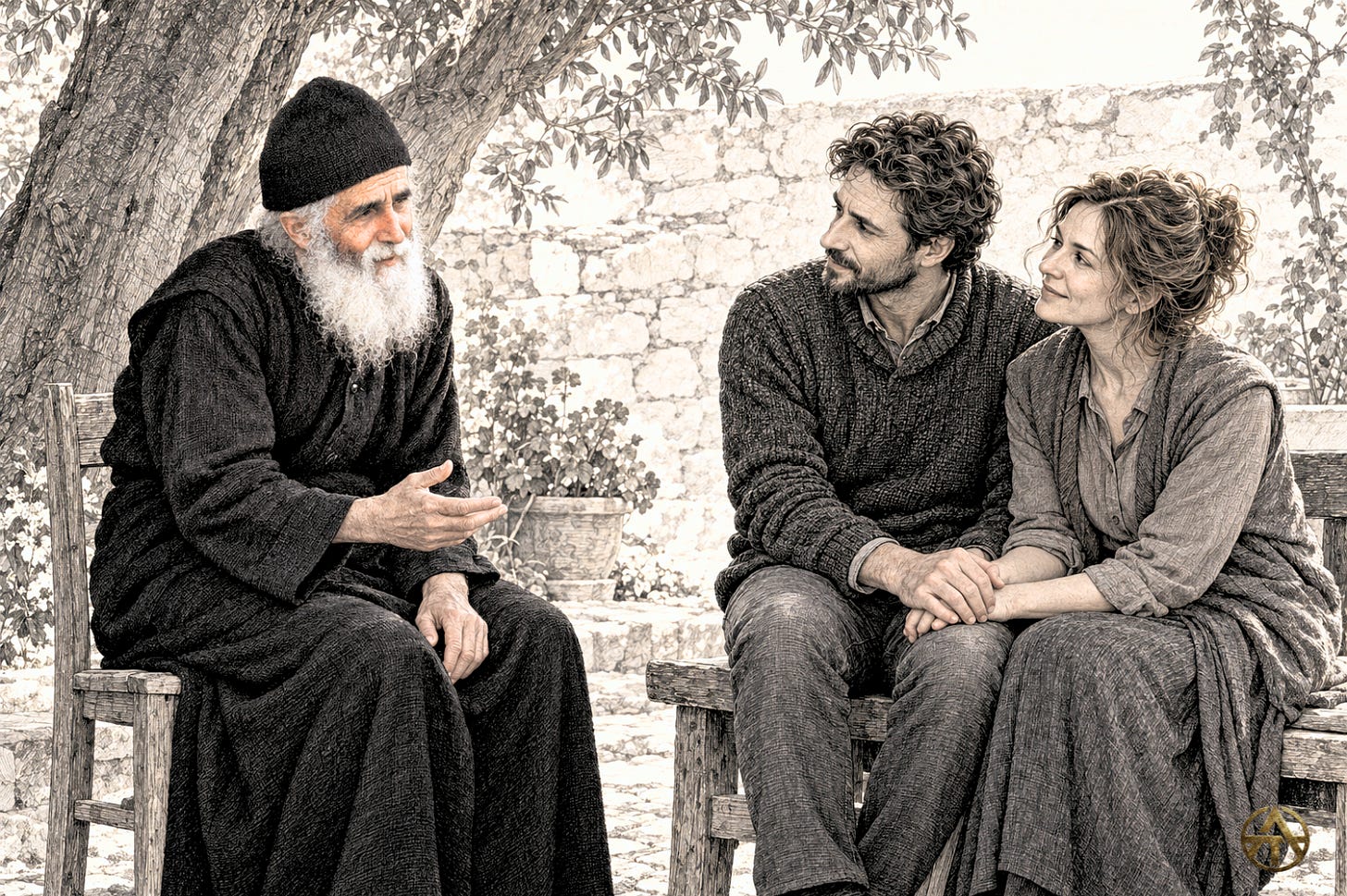 Imagined illustration of Saint Paisios speaking with a seated married couple who hold hands as they listen.