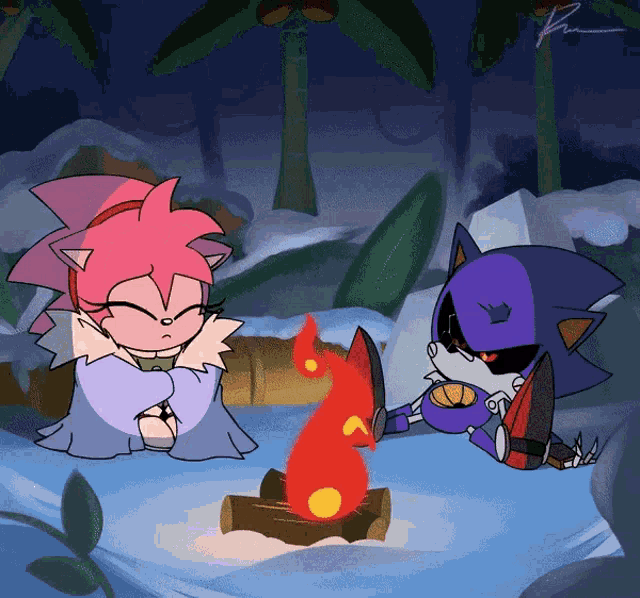 a couple of cartoon characters are sitting around a campfire a couple of cartoon characters are sitting around a campfire